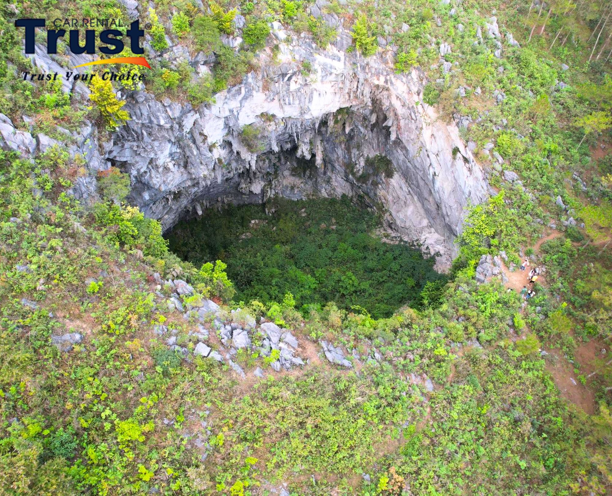 Aerial view of Meo Vac Sinkhole accessible within half a day from Meo Vac district town