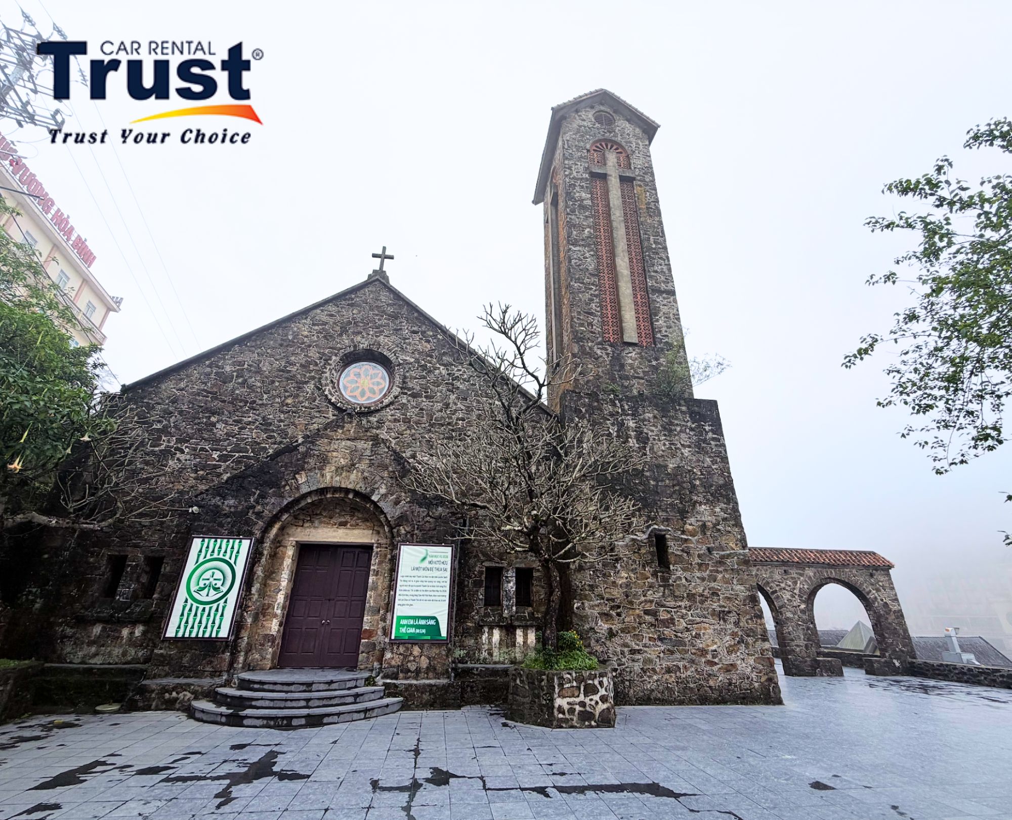 Ancient Tam Dao Stone Church with French gothic architecture in foggy weather