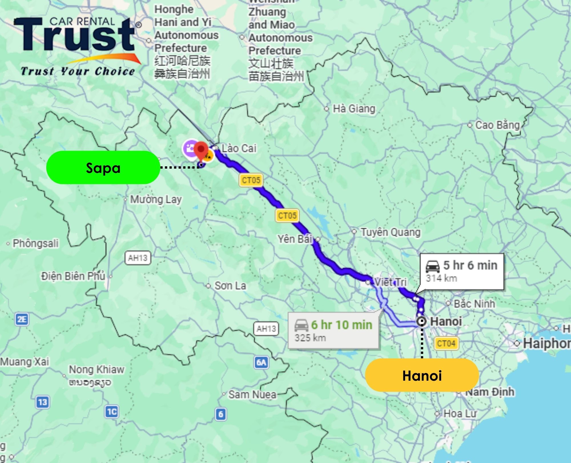 google-maps-directions-from-hanoi-to-sapa-highlighting-the-primary-transport-path-for-a-premium-limousine-hanoi-to-sapa-service