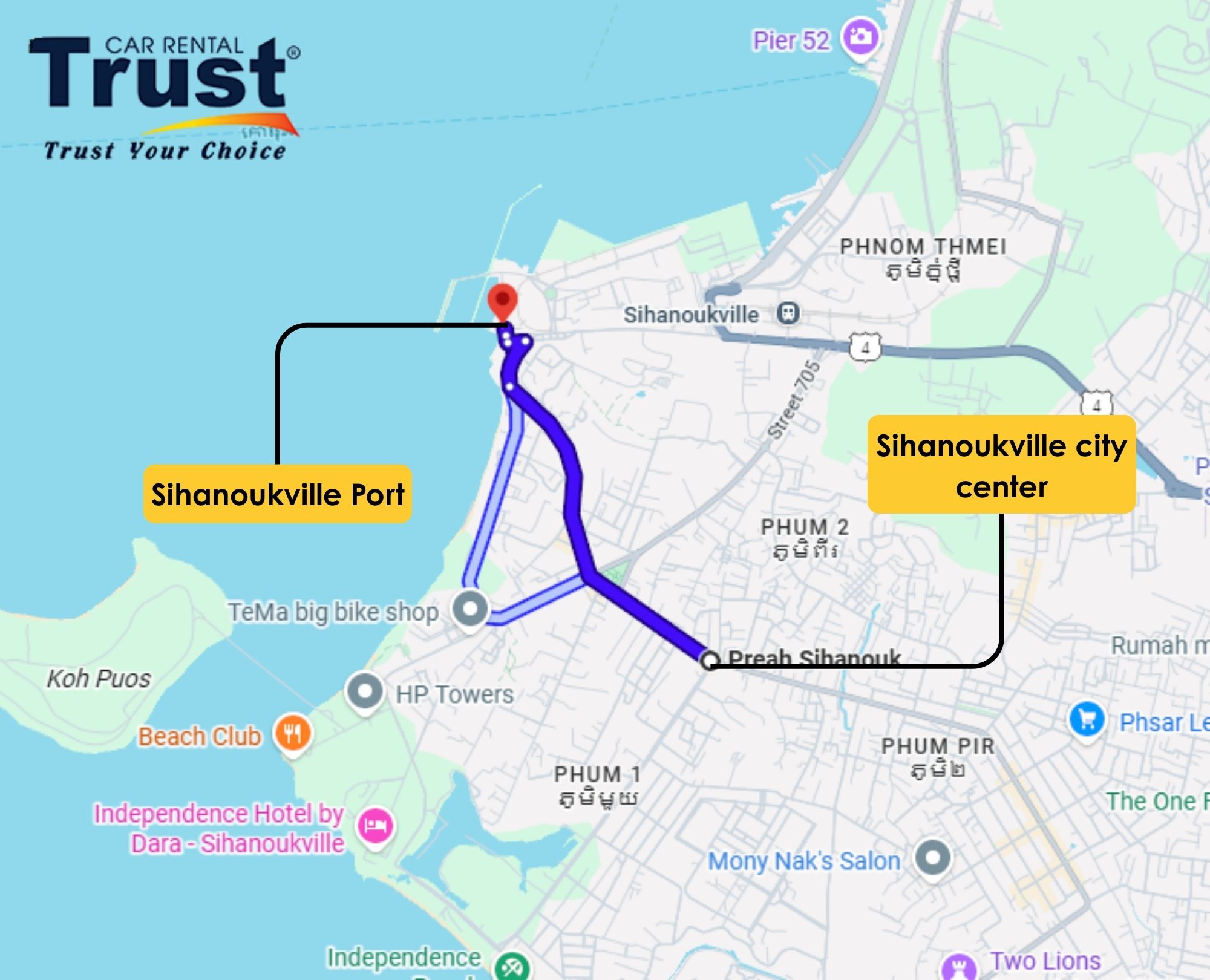 Google Maps highlighting the short distance from Sihanoukville Port to the city center for a Sihanoukville Full Tour From Cruise Port