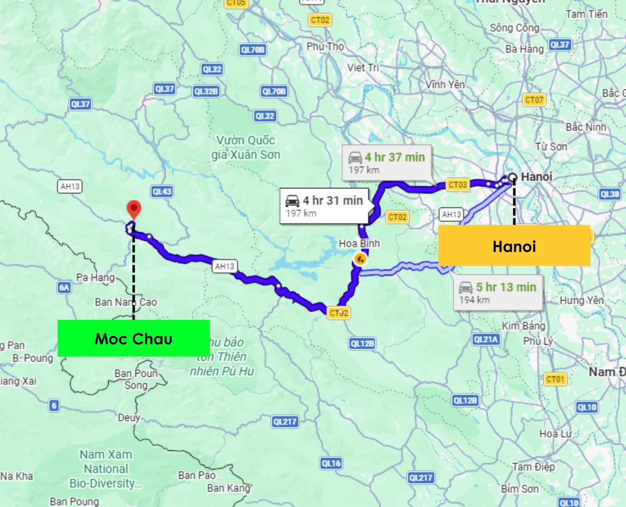Google Maps route for a private car transfer from Hanoi to Moc Chau highlighting the fastest way to travel between the two cities
