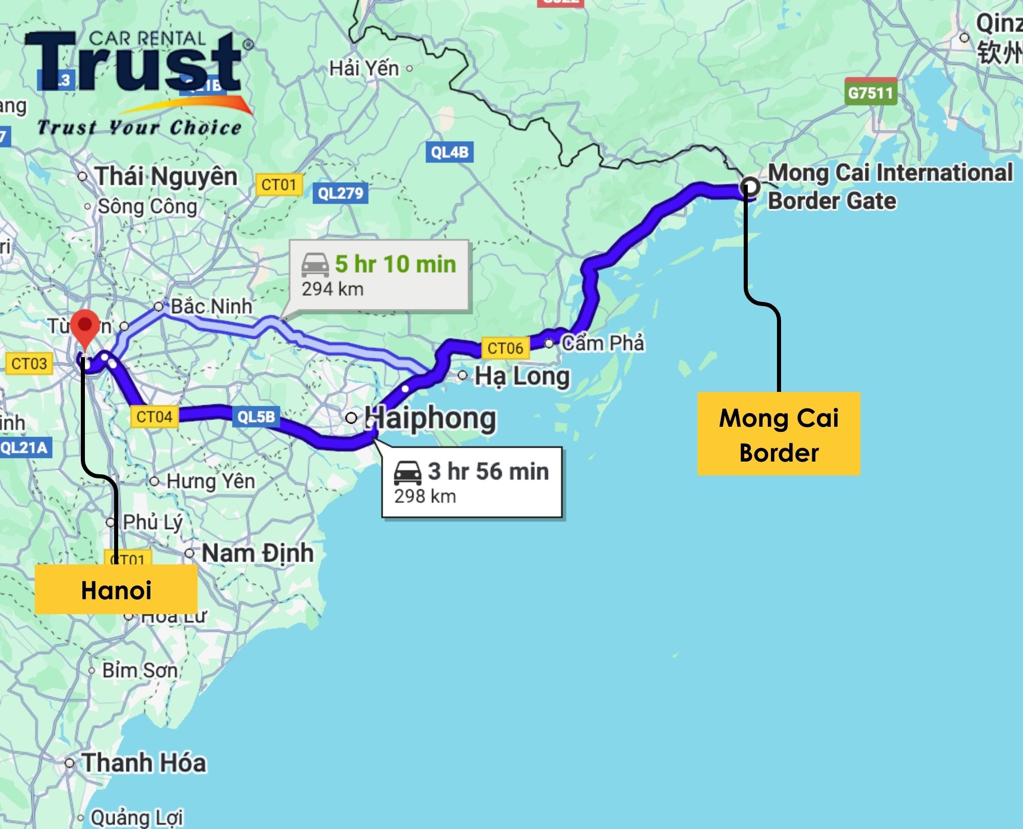Google Maps route from Mong Cai International Border Gate to Hanoi showing travel time