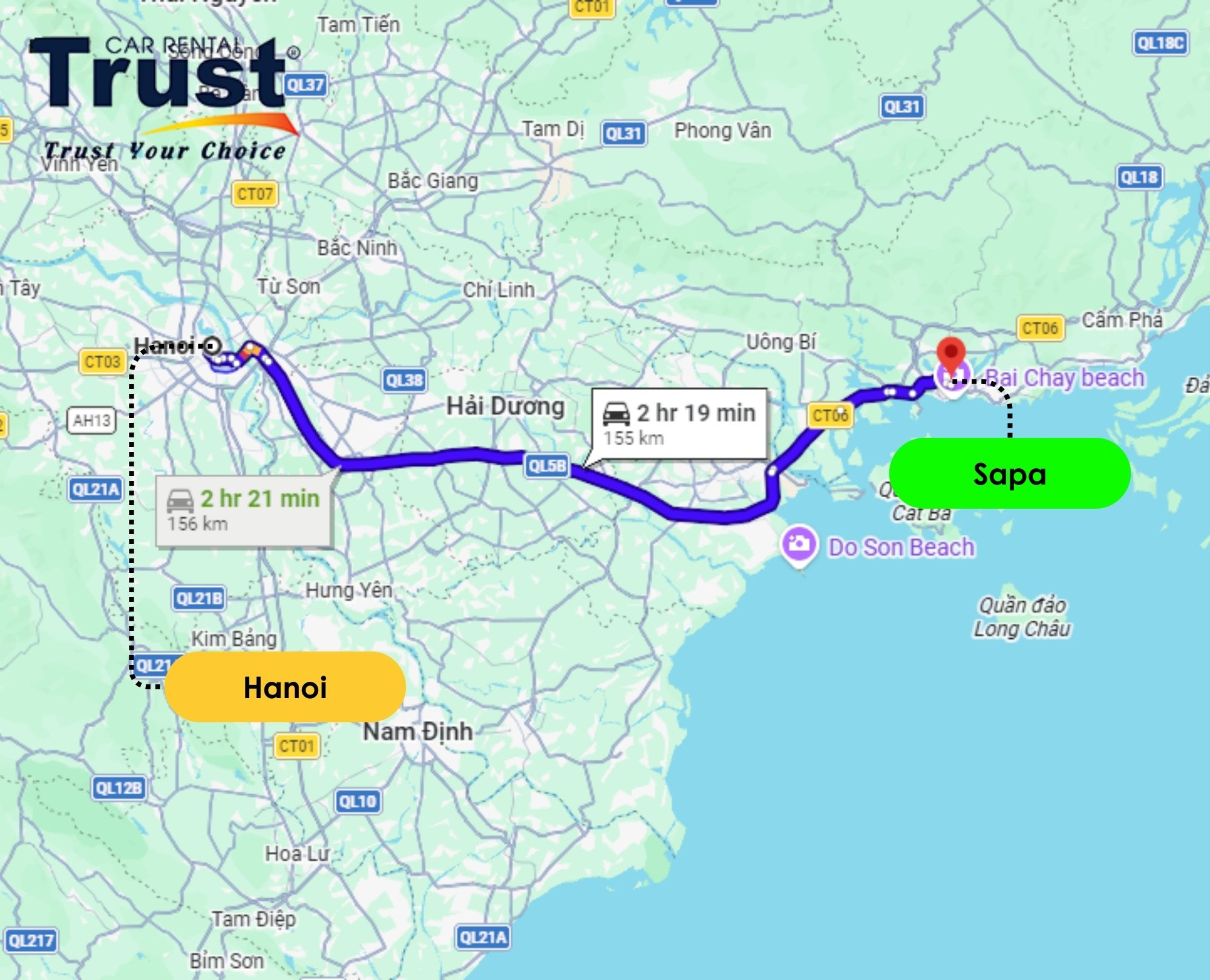 Luxury Hanoi to Halong by limousine transport route and travel distance map