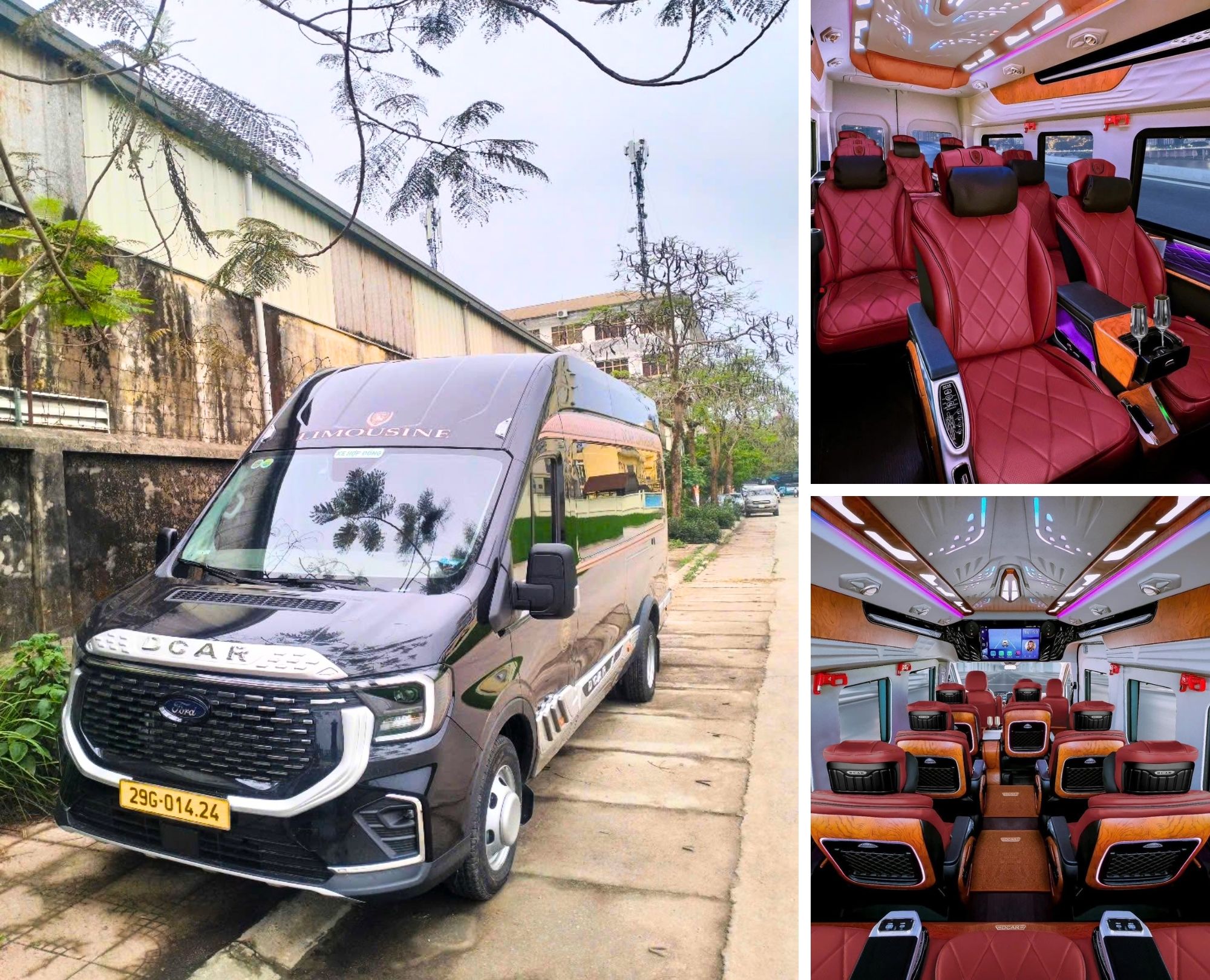 Luxury interior and exterior of a Hanoi to Halong by limousine van, featuring comfortable red leather seats and a multi-view perspective