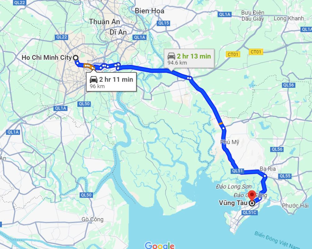 Map from Ho Chi Minh to Vung Tau
