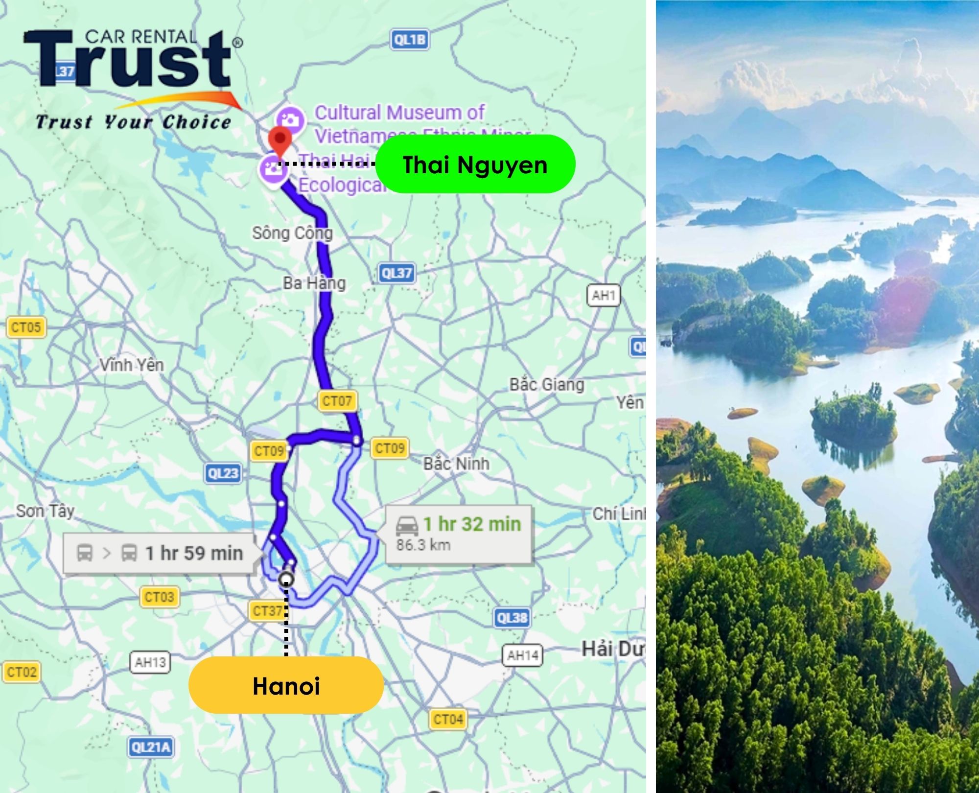 Map of Taxi Hanoi to Thai Nguyen route alongside a scenic view of Nui Coc Lake
