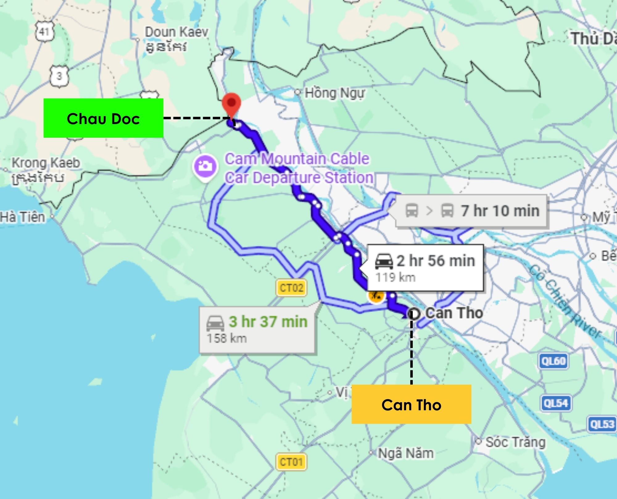 Map of the route for a private car from Can Tho to Chau Doc showing the fastest driving directions