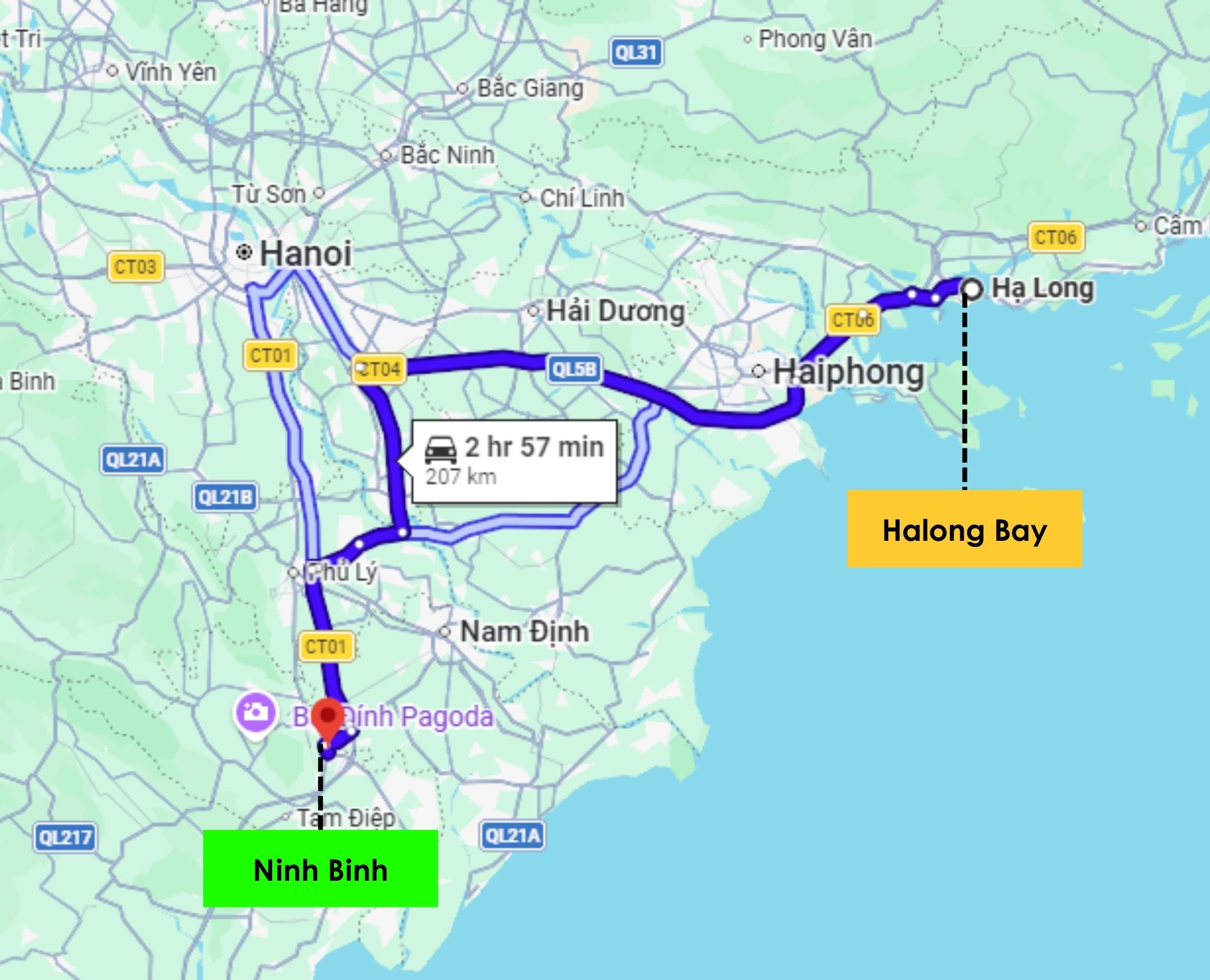 Map showing the 207km route for a Private Car from Halong Bay to Ninh Binh with an estimated travel time of 2 hours 57 minutes via Haiphong
