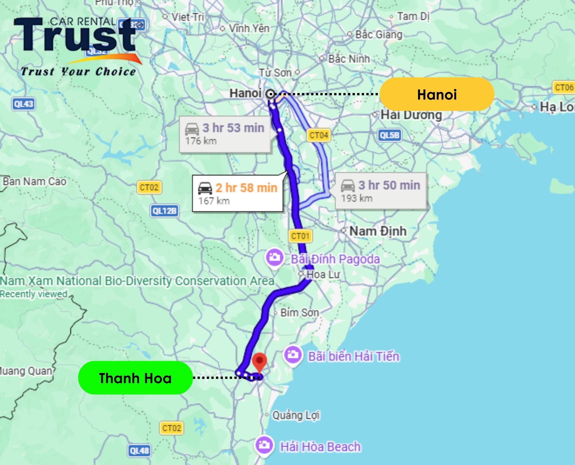 Map showing the fastest route from Hanoi to Thanh Hoa by private car, taking approximately 2 hours and 58 minutes via CT01 highway