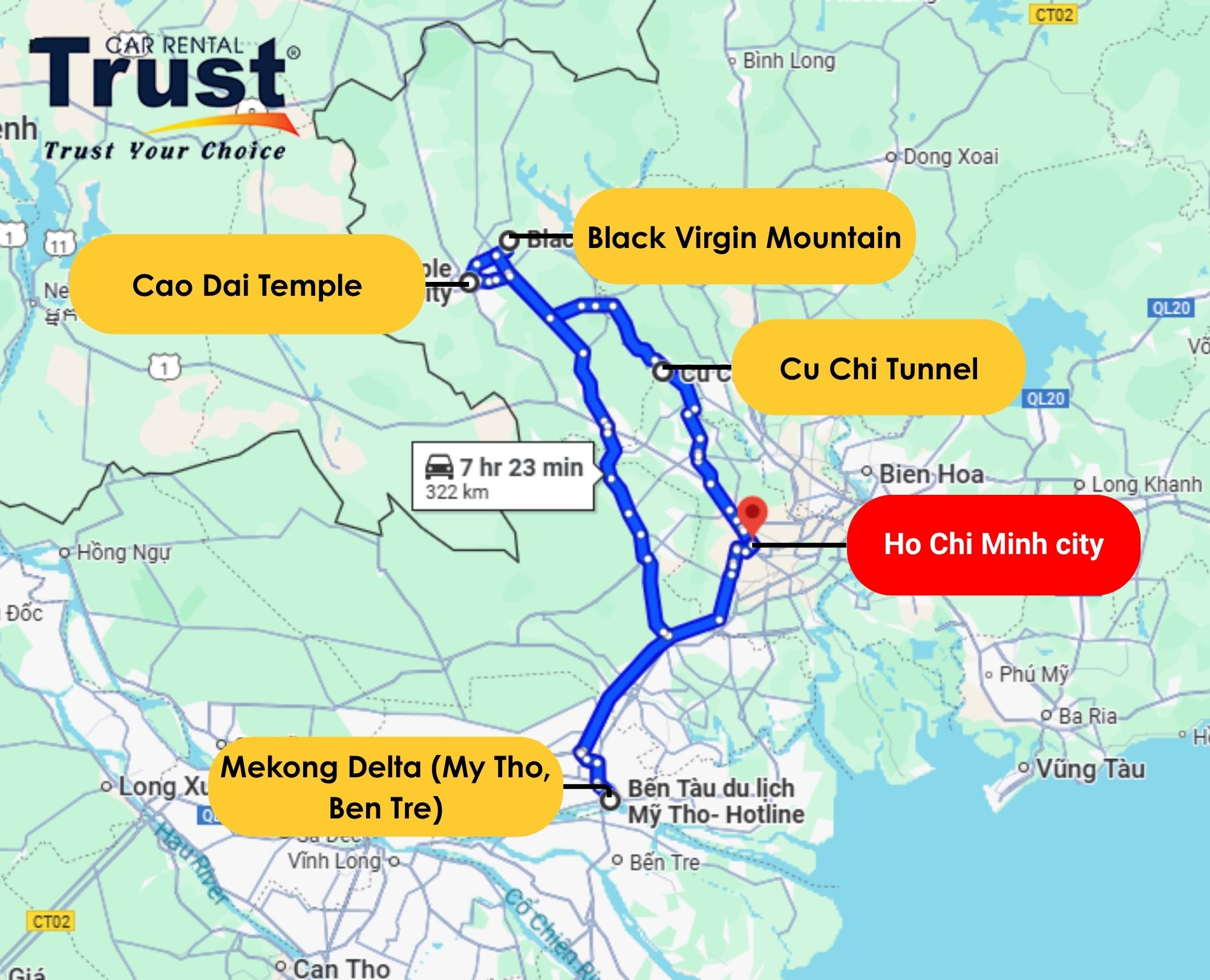 Map showing tourist attractions around Ho Chi Minh City