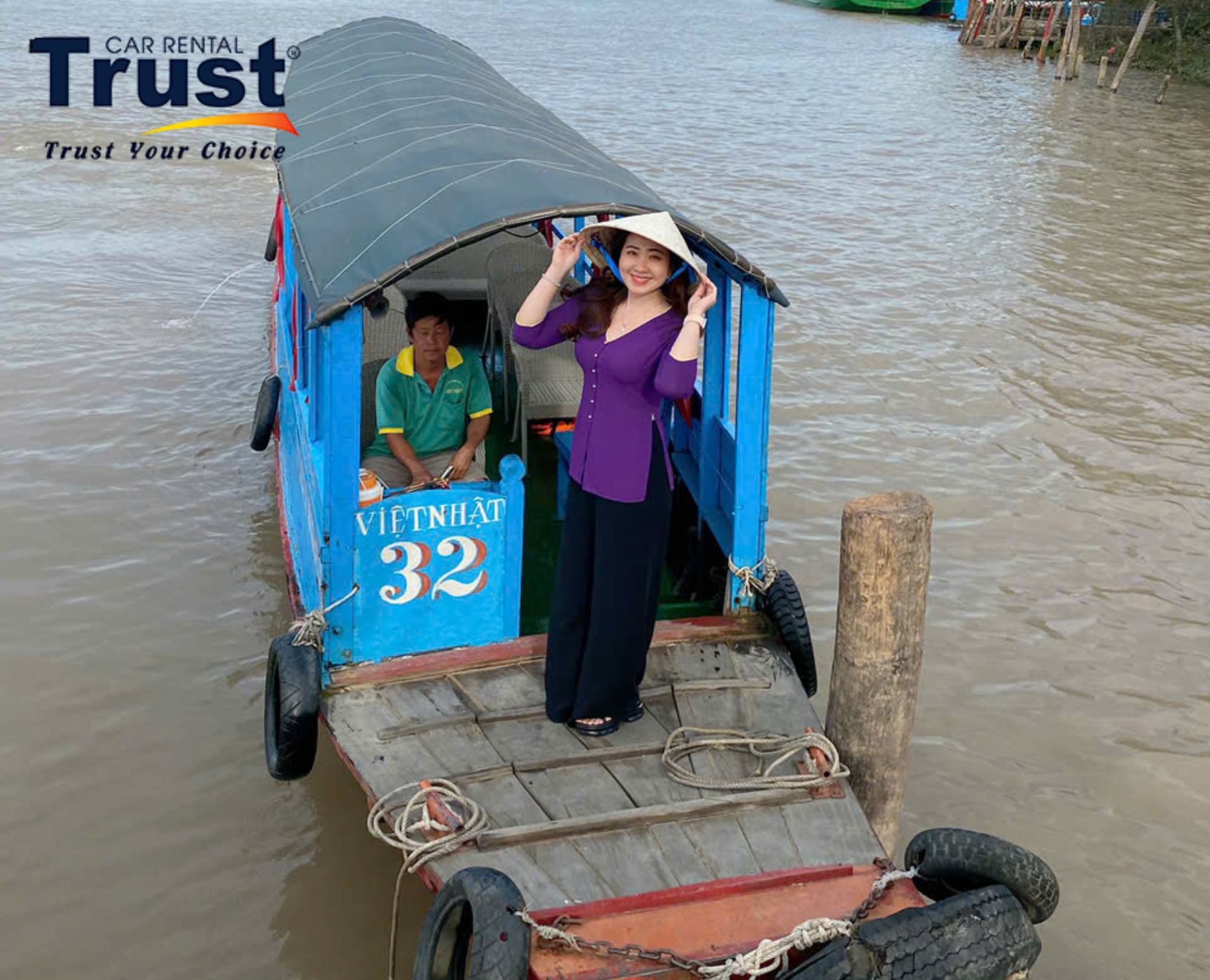 Mekong river boat with passengers and operator