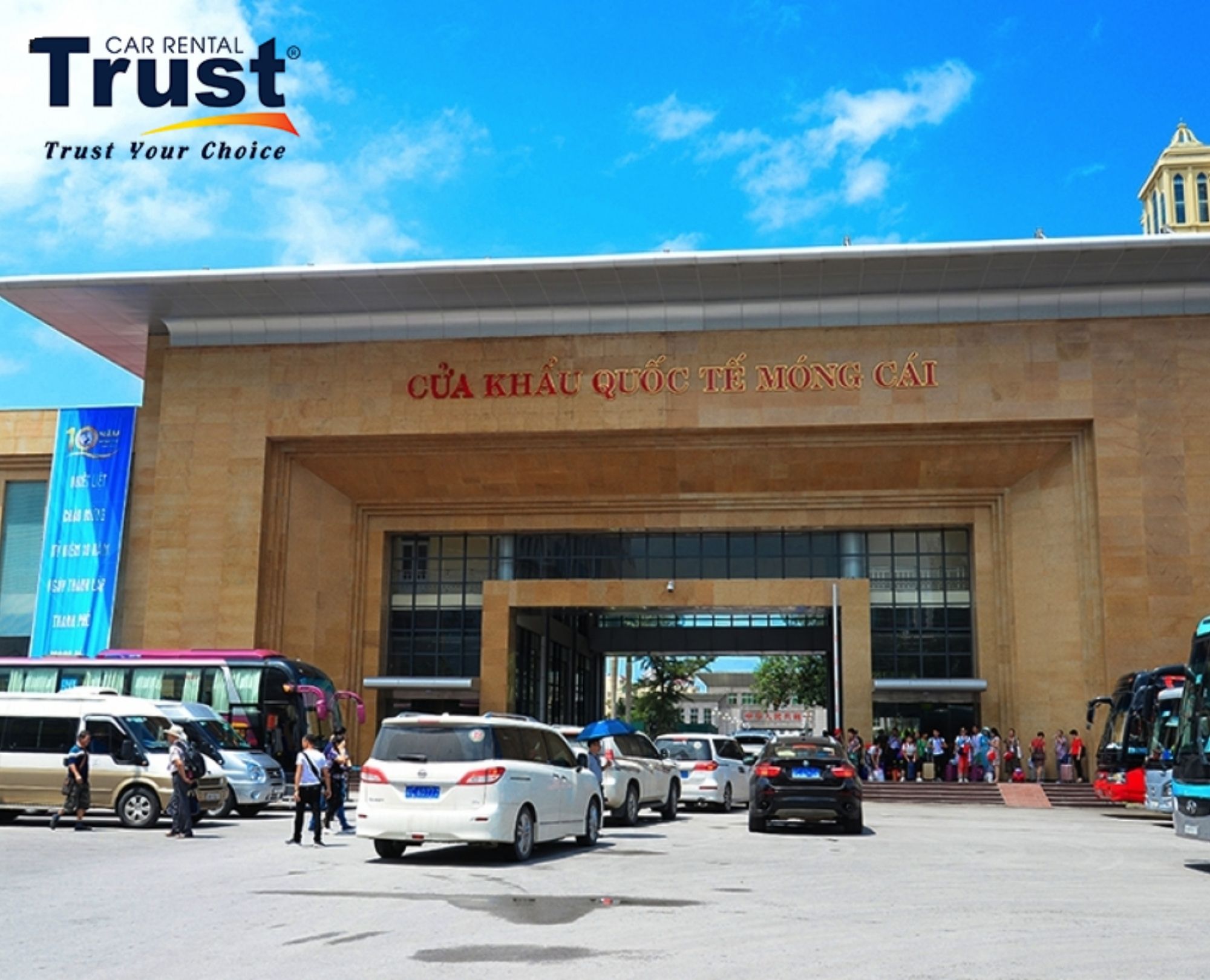 Modern exterior of Mong Cai International Border Gate with transport options for travelers taking a Taxi Mong Cai Border to Hanoi