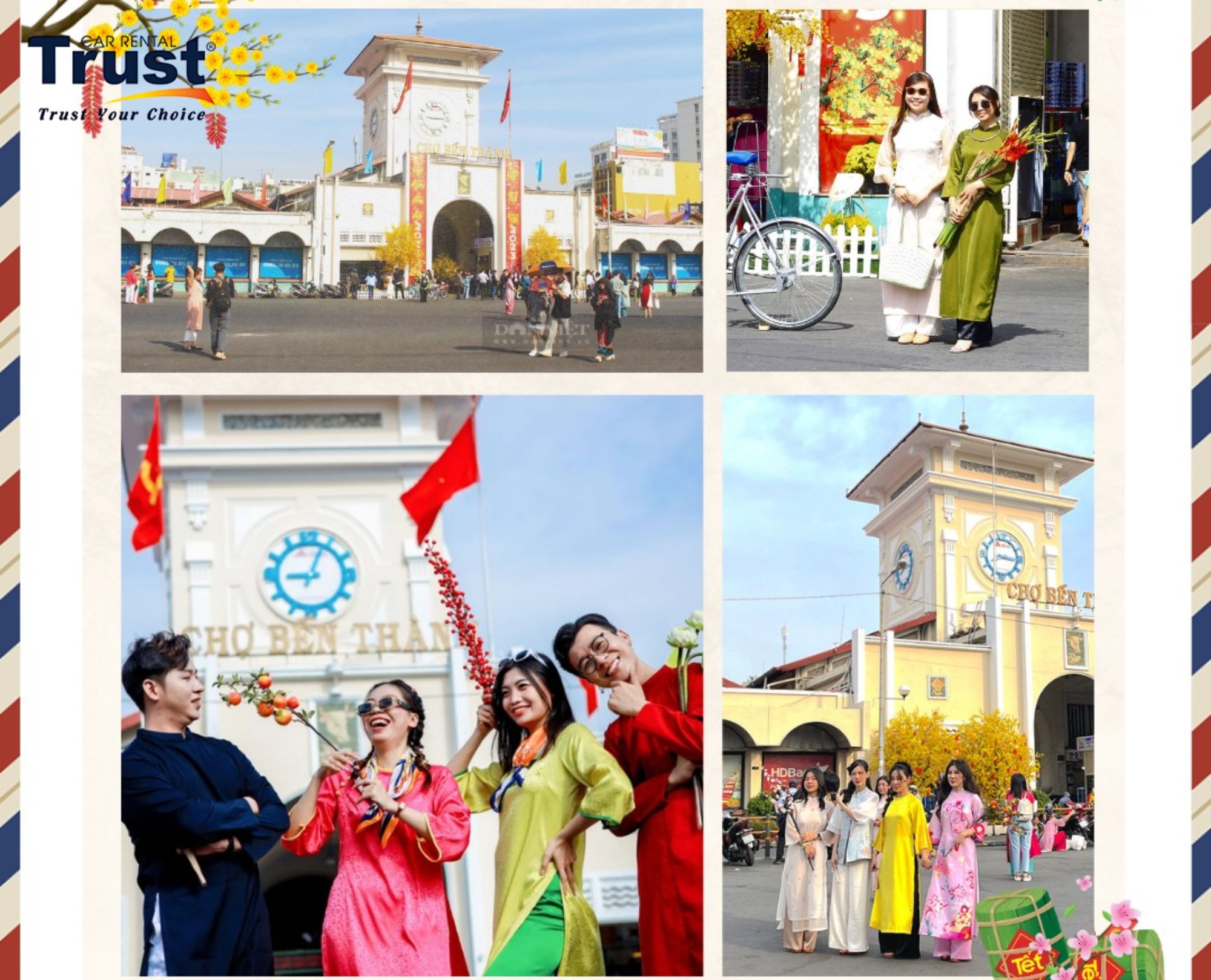 Multiple views of Ben Thanh Market, including people dressed in Ao Dai for Lunar New Year