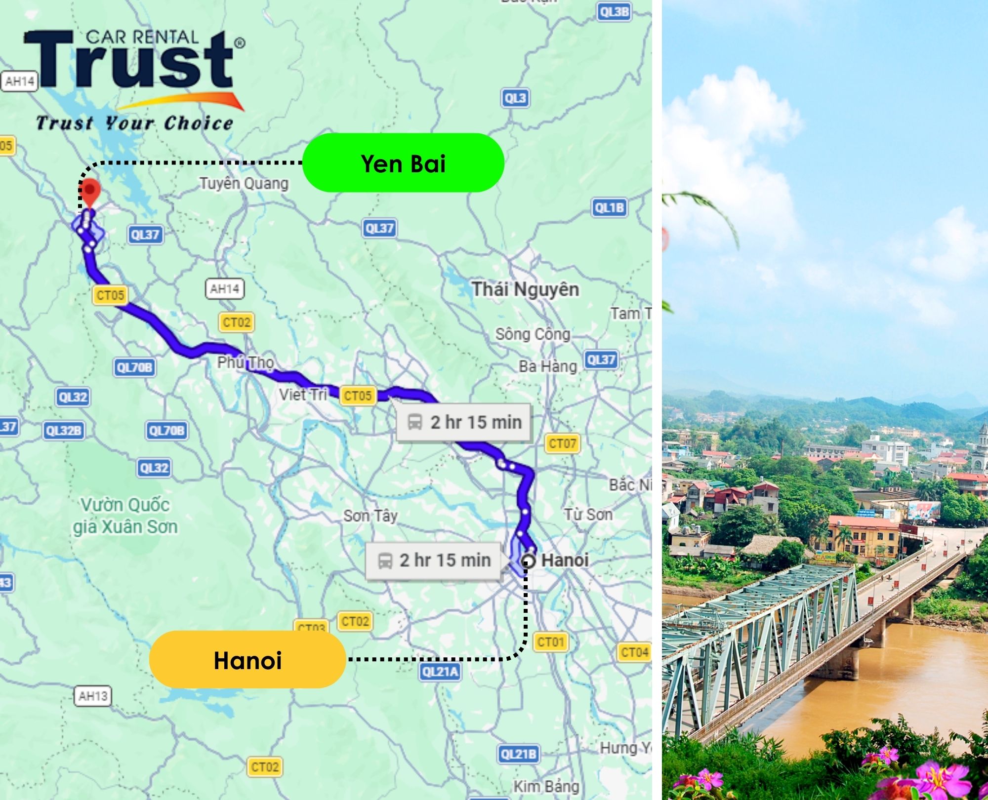 Private car transfer Hanoi to Yen Bai by car, 2 hours 15 minutes driving route shown on map with scenic Yen Bai bridge