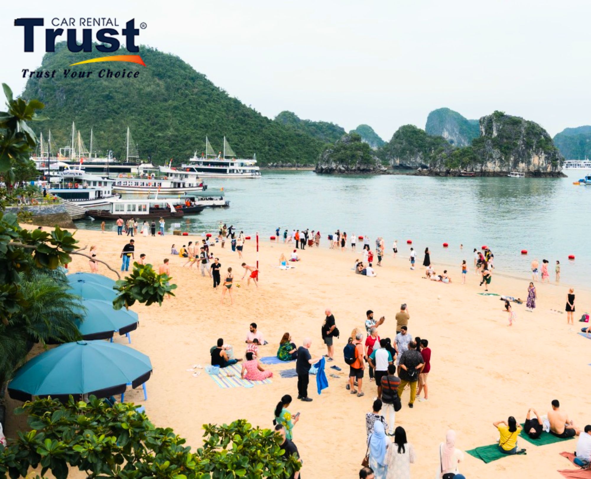 Scenic view of Ti Top Island beach and limestone karsts in Ha Long Bay