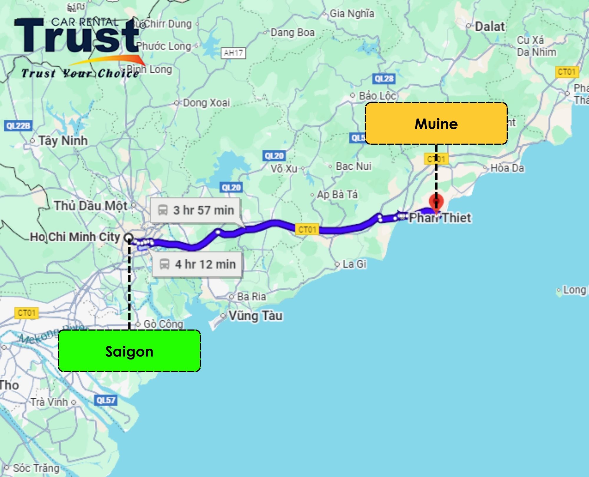 Strategic location map for travelers visiting Phan Thiet to enjoy fresh dishes at coastal Muine Seafood Restaurants