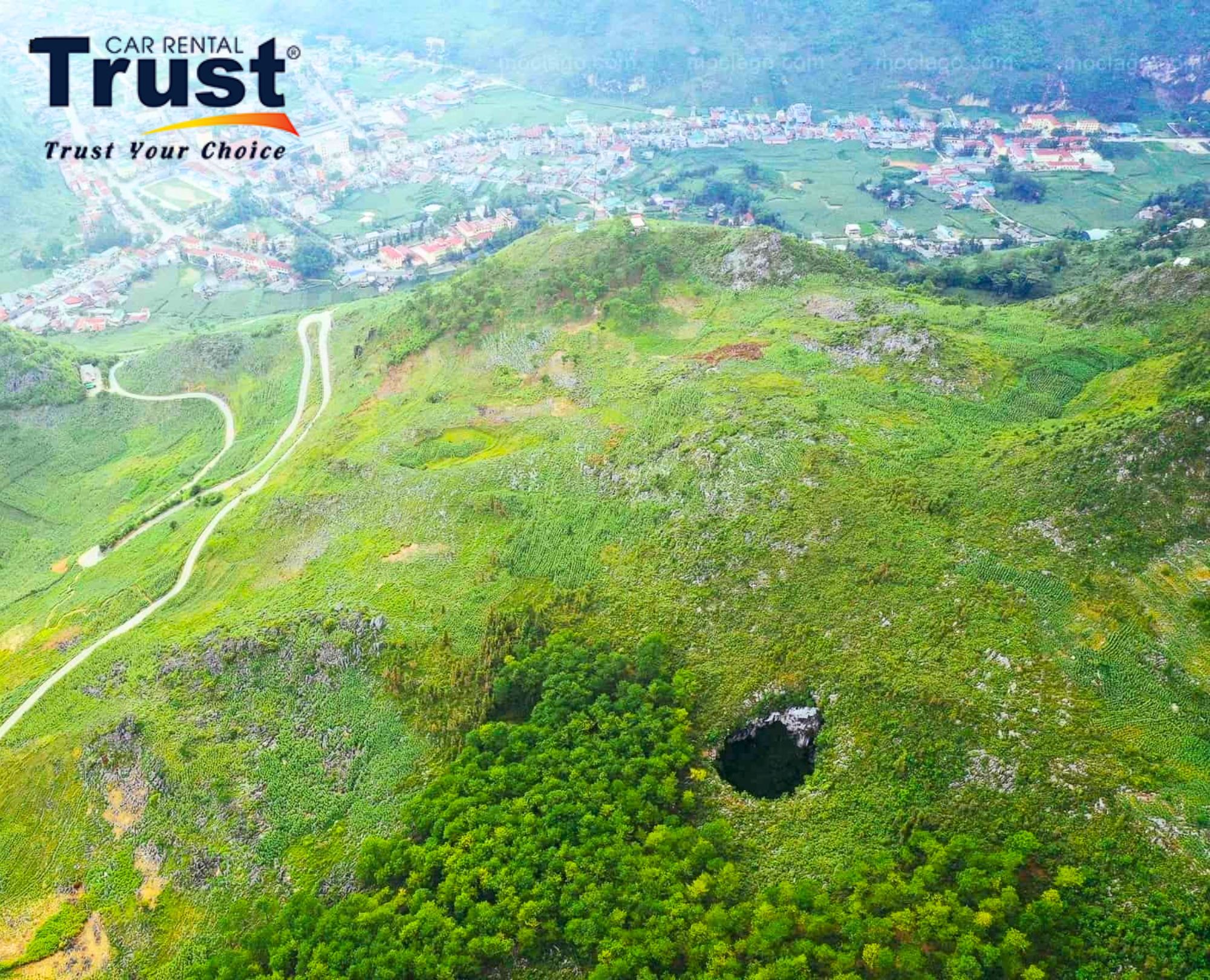 Top down view of the unique natural sinkhole nestled in the karst landscape of Meo Vac