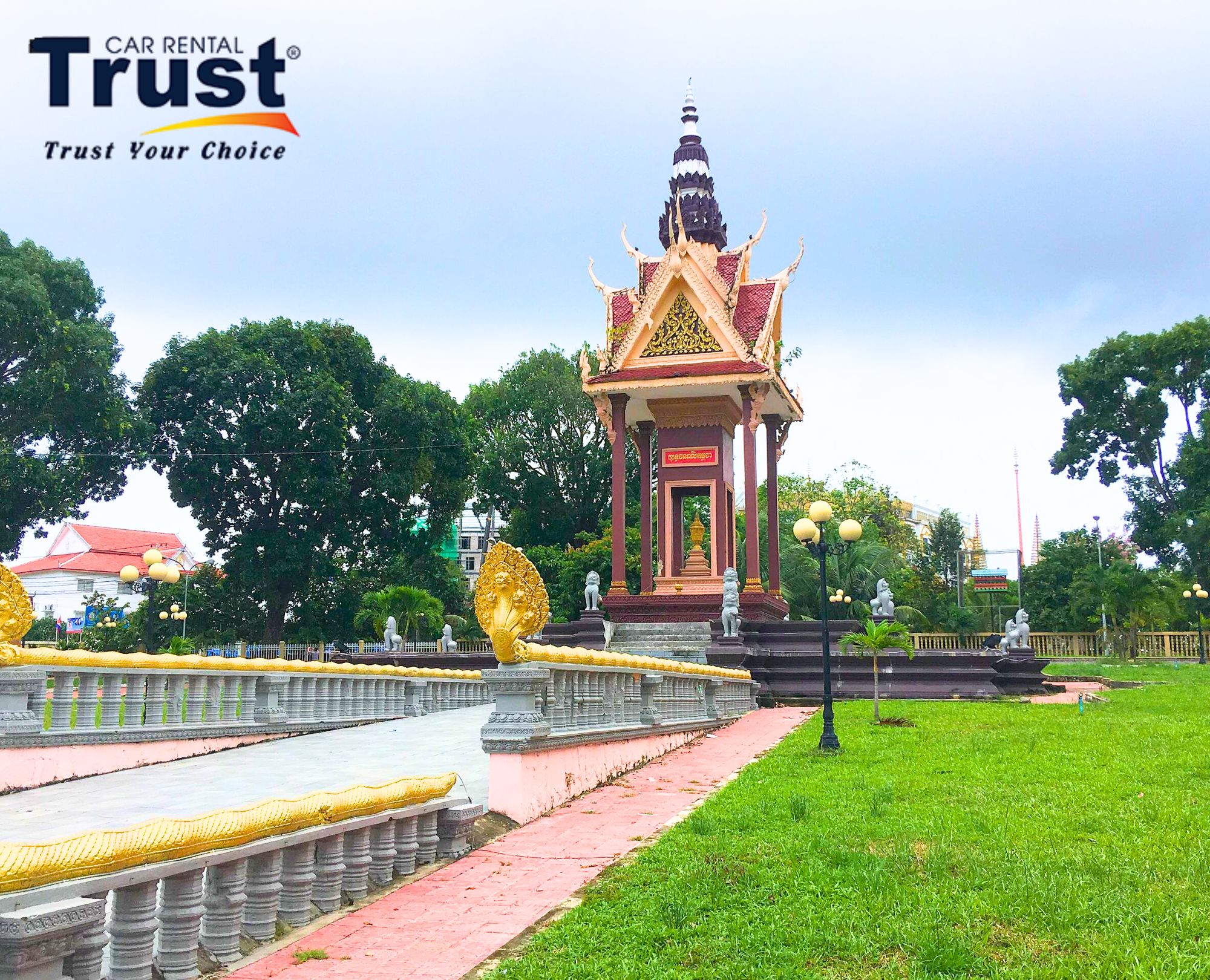 Traditional Cambodian Independence Monument pavilion in peaceful garden setting