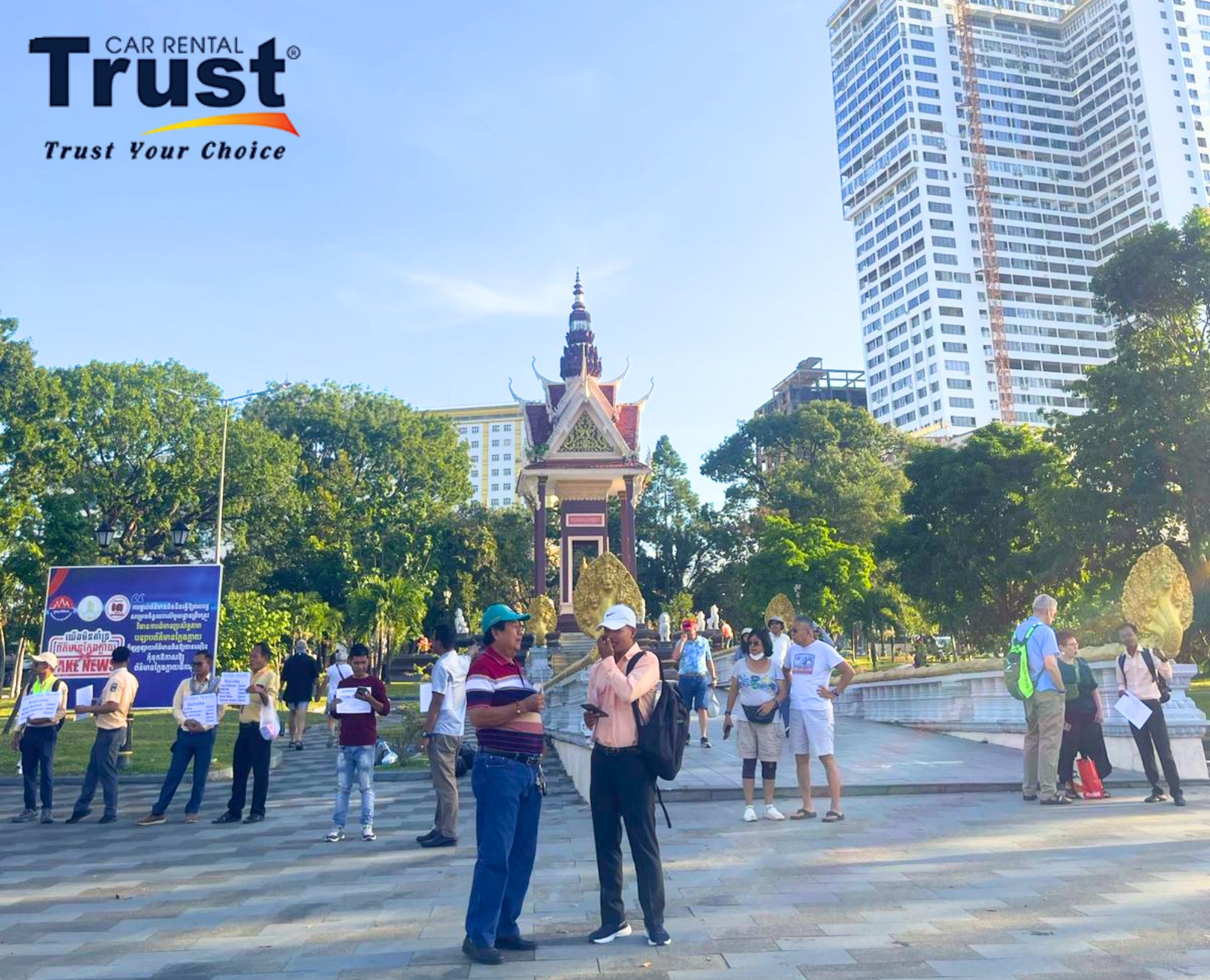 Traditional Cambodian Independence Monument pavilion in peaceful garden setting