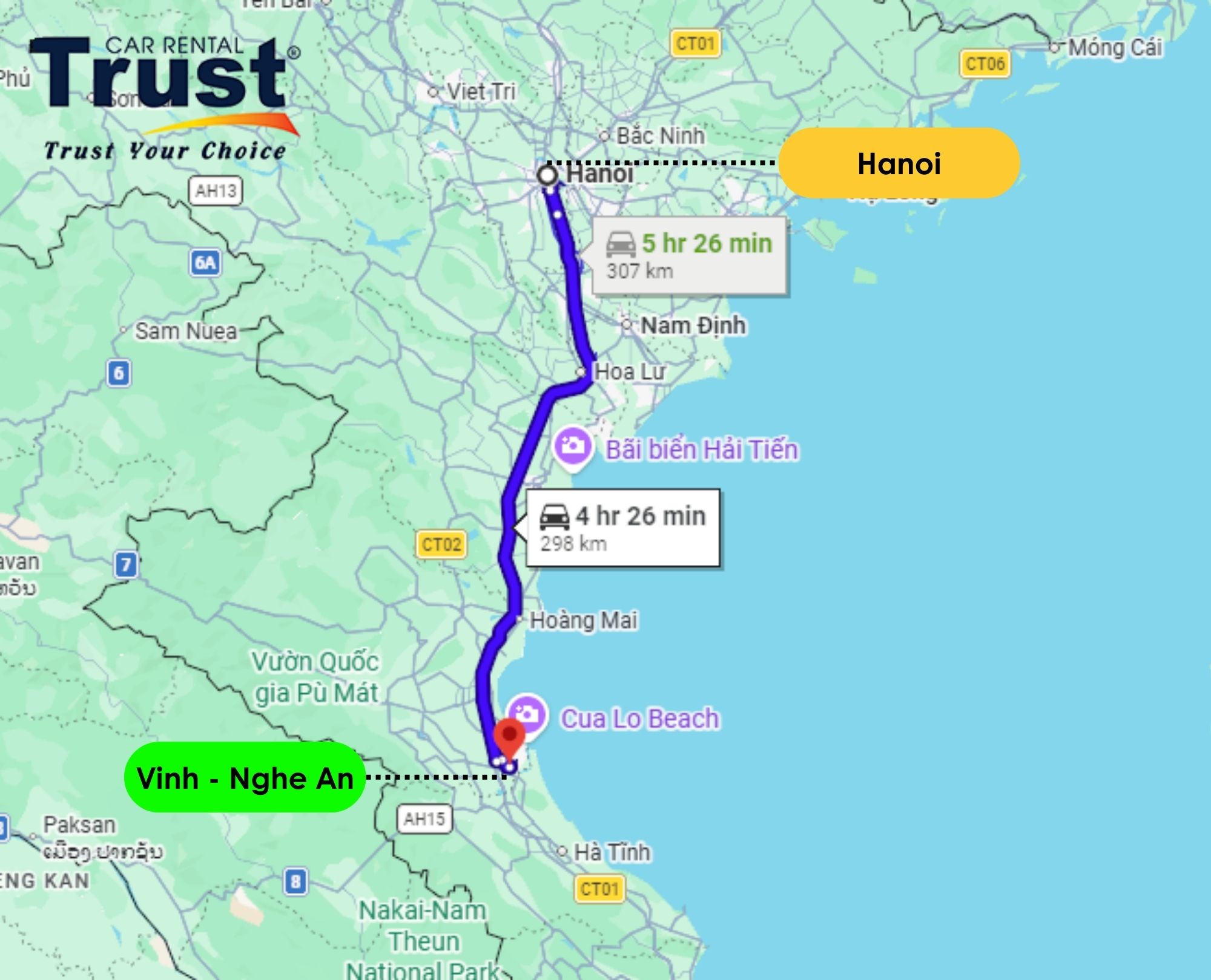 Trust Car Rental map showing the fastest route for a Private Car Transfer from Ha Noi to Vinh