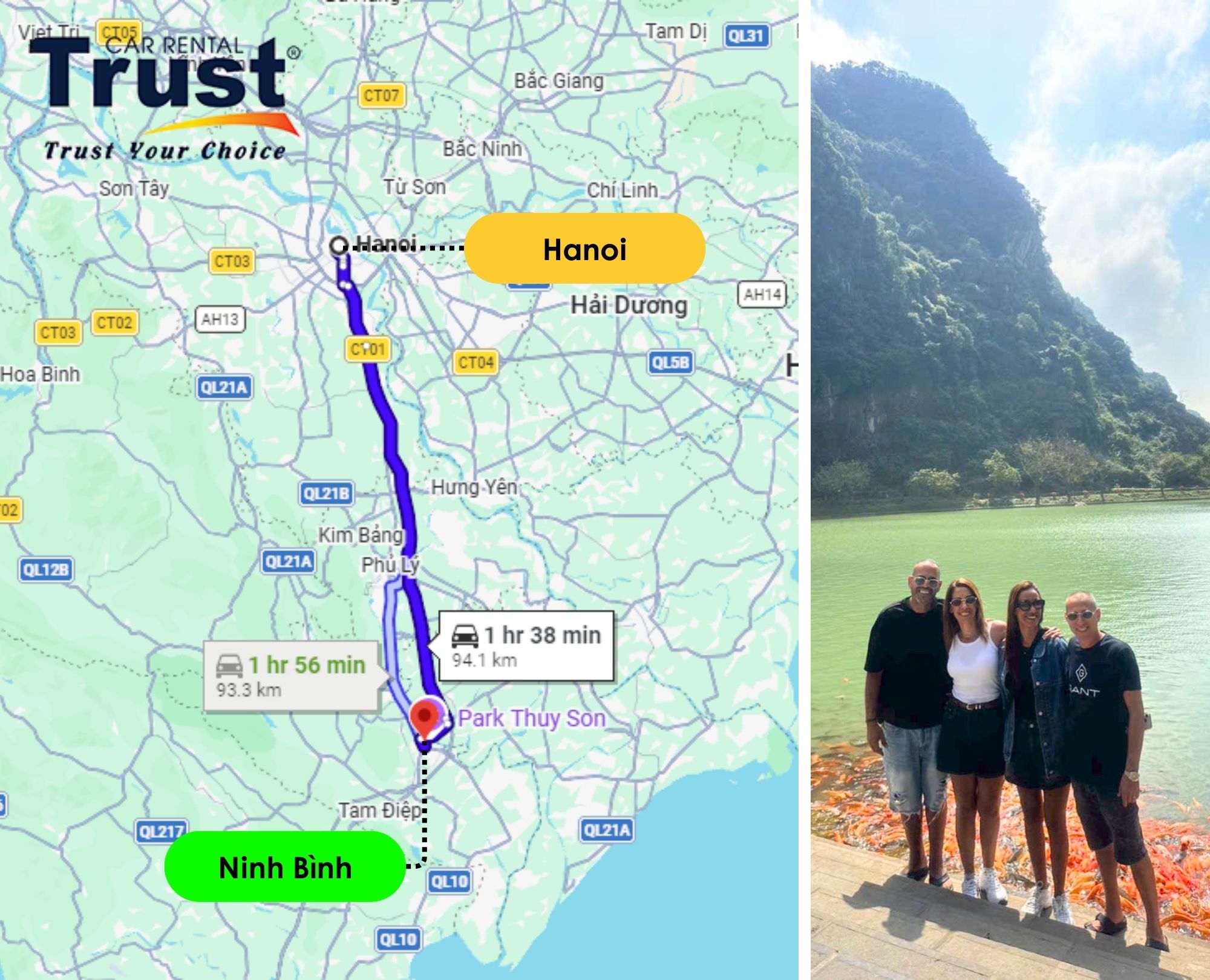 Trust Car Rental route for Limousine from Hanoi to Ninh Binh featuring scenery and customer photos