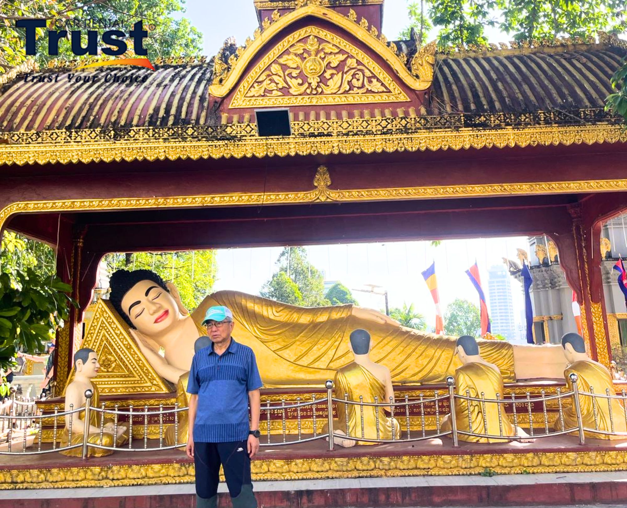 Wat Krom Temple in Sihanoukville Cambodia with ornate golden roofs and Buddha statues